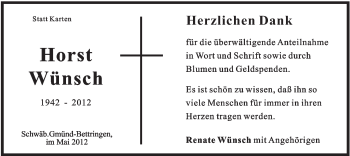 Traueranzeige von Horst Wünsch von Gmünder Tagespost