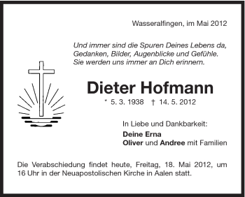 Traueranzeige von Dieter Hofmann von Schwäbische Post