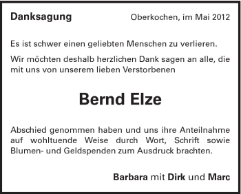 Traueranzeige von Bernd Elze von Schwäbische Post