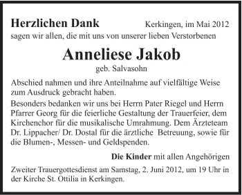 Traueranzeige von Anneliese Jakob von Schwäbische Post