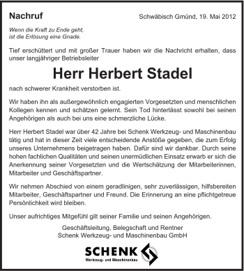 Traueranzeige von Herbert Stadel von Gmünder Tagespost