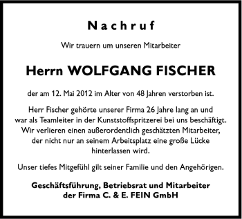 Traueranzeige von Wolfgang Fischer von Gmünder Tagespost