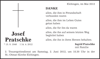 Traueranzeige von Josef Pratschke von Schwäbische Post