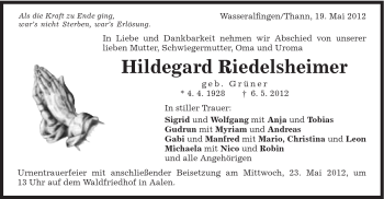 Traueranzeige von Hildegard Riedelsheimer von Schwäbische Post