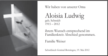 Traueranzeige von Aloisia Ludwig von Gmünder Tagespost
