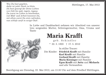 Traueranzeige von Maria Krafft von Schwäbische Post