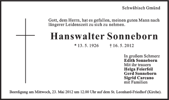 Traueranzeige von Hanswalter Sonneborn von Gmünder Tagespost