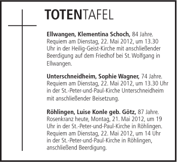 Traueranzeige von Klementina Schoch von Schwäbische Post