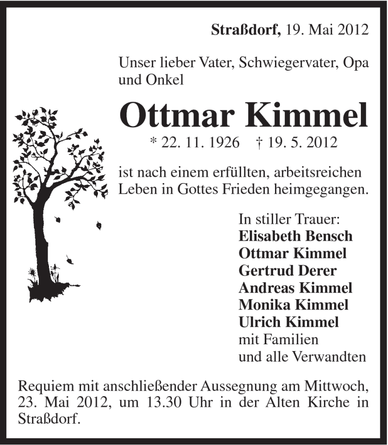  Traueranzeige für Ottmar Kimmel vom 21.05.2012 aus Gmünder Tagespost