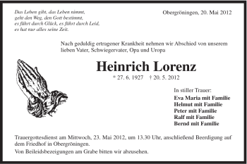 Traueranzeige von Heinrich Lorenz von Gmünder Tagespost