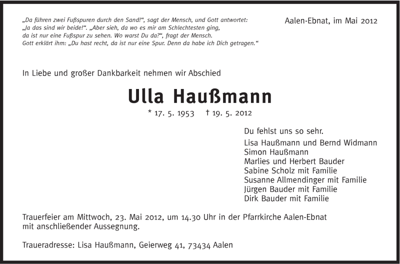  Traueranzeige für Ulla Haußmann vom 21.05.2012 aus Schwäbische Post