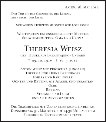 Traueranzeige von Theresia Weisz von Schwäbische Post