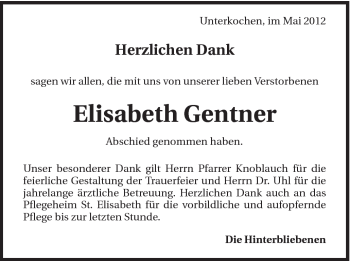 Traueranzeige von Elisabeth Gentner von Schwäbische Post
