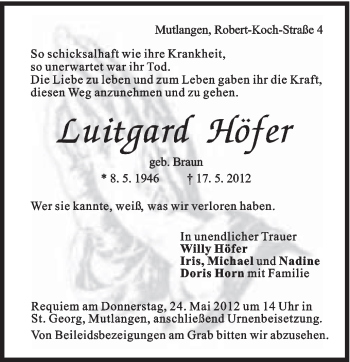 Traueranzeige von Luitgard Höfer von Gmünder Tagespost