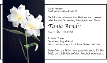 Traueranzeige von Tanja Arndt von Gmünder Tagespost