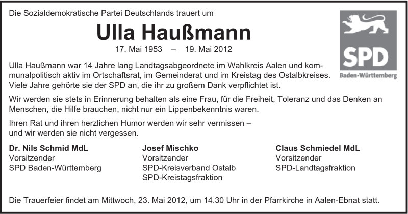 Traueranzeige für Ulla Haußmann vom 22.05.2012 aus Schwäbische Post