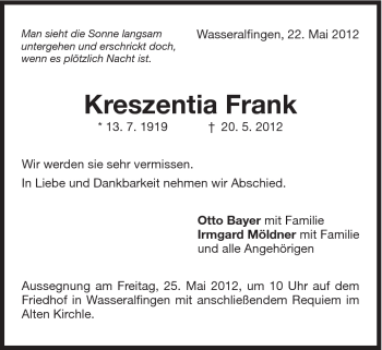 Traueranzeige von Kreszentia Frank von Schwäbische Post