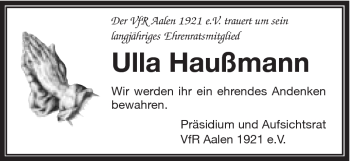 Traueranzeige von Ulla Haußmann von Schwäbische Post
