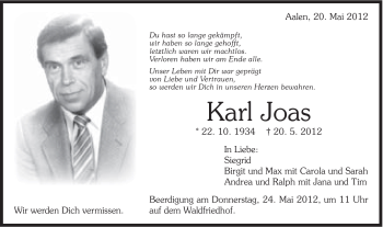Traueranzeige von Karl Joas von Schwäbische Post
