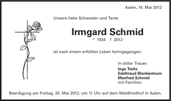 Traueranzeige von Irmgard Schmid von Schwäbische Post