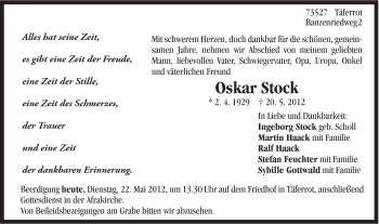 Traueranzeige von Oskar Stock von Gmünder Tagespost