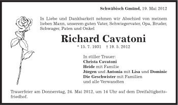 Traueranzeige von Richard Cavatoni von Gmünder Tagespost