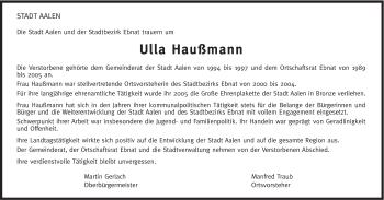 Traueranzeige von Ulla Haußmann von Schwäbische Post