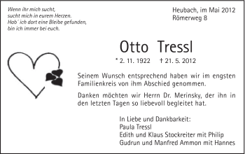 Traueranzeige von otto Tressl von Gmünder Tagespost