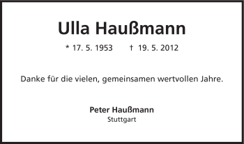 Traueranzeige von Ulla Haußmann von Schwäbische Post