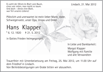 Traueranzeige von Hans Klapper von Gmünder Tagespost