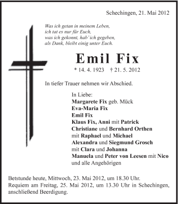 Traueranzeige von Emil Fix von Gmünder Tagespost