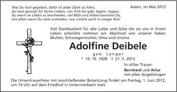 Traueranzeige von Adolfine Deibele von Schwäbische Post