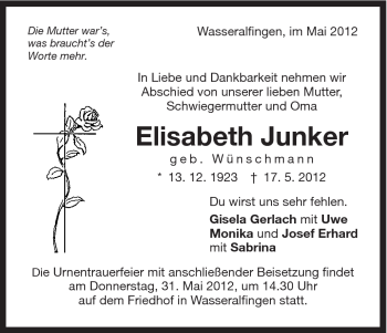 Traueranzeige von Elisabeth Junker von Schwäbische Post