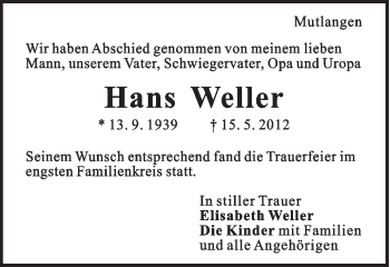 Traueranzeige von Hans Weller von Gmünder Tagespost
