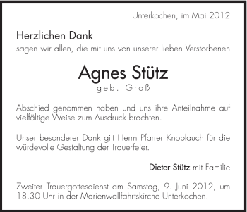 Traueranzeige von Agnes Stütz von Schwäbische Post