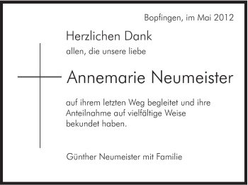 Traueranzeige von Annemarie Neumeister von Schwäbische Post