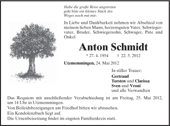Traueranzeige von Schmidt Anton von Schwäbische Post