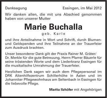 Traueranzeige von Marie Buchalla von Schwäbische Post