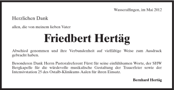 Traueranzeige von Friedbert Hertäg von Schwäbische Post
