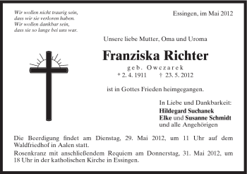 Traueranzeige von Franziska Richter von Schwäbische Post