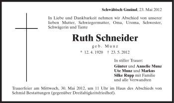Traueranzeige von Ruth Schneider von Gmünder Tagespost