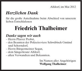 Traueranzeige von Friedrich Thalheimer von Gmünder Tagespost