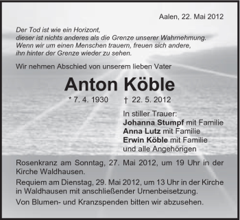 Traueranzeige von Anton Köble von Schwäbische Post