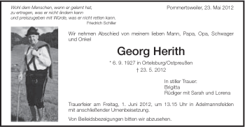 Traueranzeige von Georg Herith von Schwäbische Post