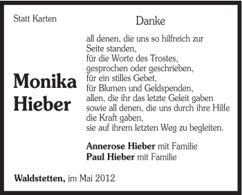 Traueranzeige von Monika Hieber von Gmünder Tagespost