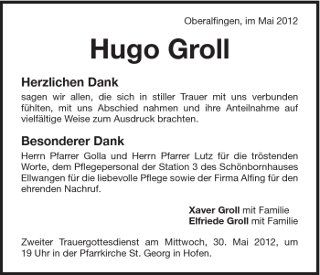 Traueranzeige von Hugo Groll von Schwäbische Post