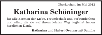 Traueranzeige von Katharina Schöninger von Schwäbische Post