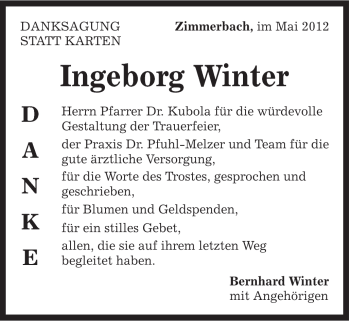 Traueranzeige von Ingeborg Winter von Gmünder Tagespost