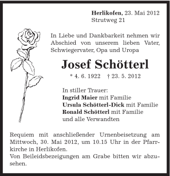 Traueranzeige von Josef Schötterl von Gmünder Tagespost