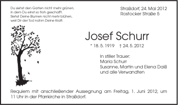 Traueranzeige von Josef Schurr von Gmünder Tagespost